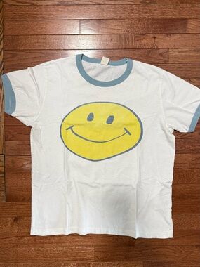 Re/Done White Ringer Tee with Yellow Smiley and Blue Trim - Medium
